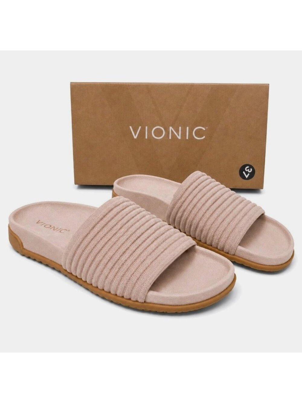 Vionic Evie Supportive Ribbed Knit Slide Sandal Rugby Tan Women 7 Arch Support